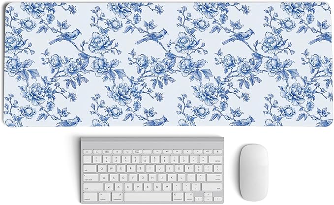 Navy Blue Chinoiserie Mouse Pad,Vintage Blue and White Floral Desk Mat,XL Large Flowers and Birds Preppy Mouse Pad,Girly Laptop Desk Mat for Dorm Home Office,31.5x11.8 Inch