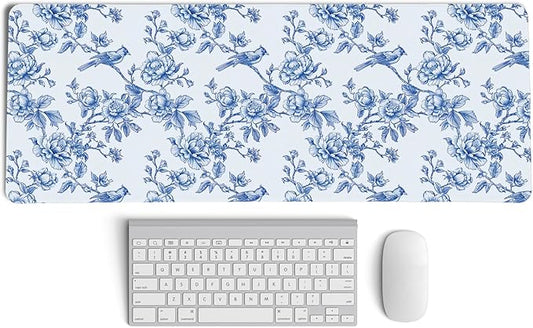 Navy Blue Chinoiserie Mouse Pad,Vintage Blue and White Floral Desk Mat,XL Large Flowers and Birds Preppy Mouse Pad,Girly Laptop Desk Mat for Dorm Home Office,31.5x11.8 Inch