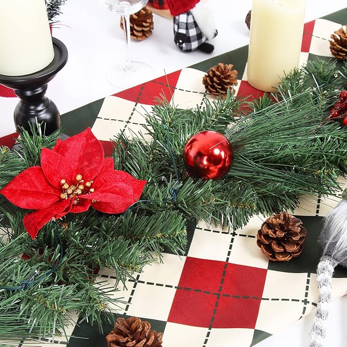 LinTimes 6ft Christmas Garland with Lights, Battery Operated Garland Christmas Decoration with Red Poinsettia Pinecones Ball Ornaments, Christmas Mantle Decorations Staircase Fireplace Decor