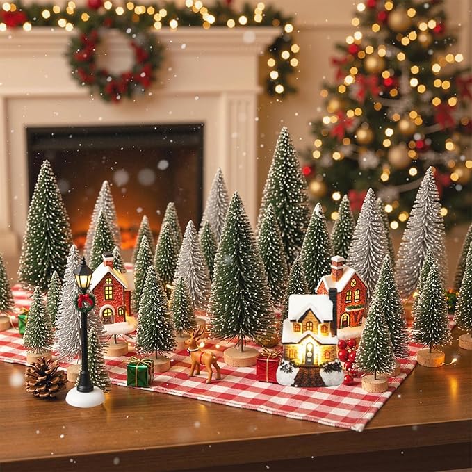 LOVEINUSA 45PCS Colorful Mini Christmas Trees, Snow Frosted Sisal Trees Colored Bottle Brush Xmas Trees with Wooden Base for Xmas Winter Home Table Decoration
