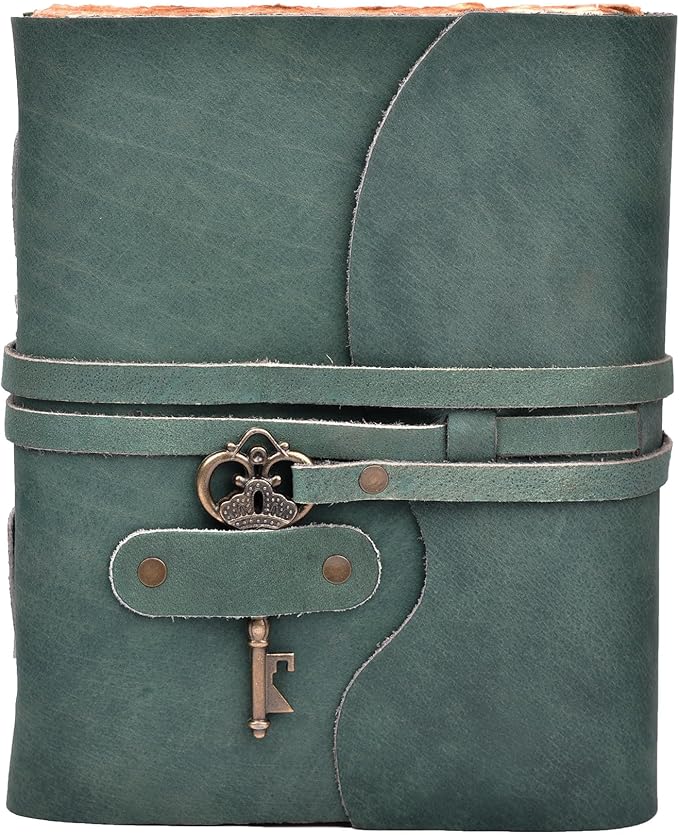 LEATHER VILLAGE Vintage Leather Journal – 200 Handmade Vintage Deckle Edge Paper – Leather bound Journal For Women Men – Vintage Key Closure - Book of Shadows - Aqua - 6X4 inches (A6)
