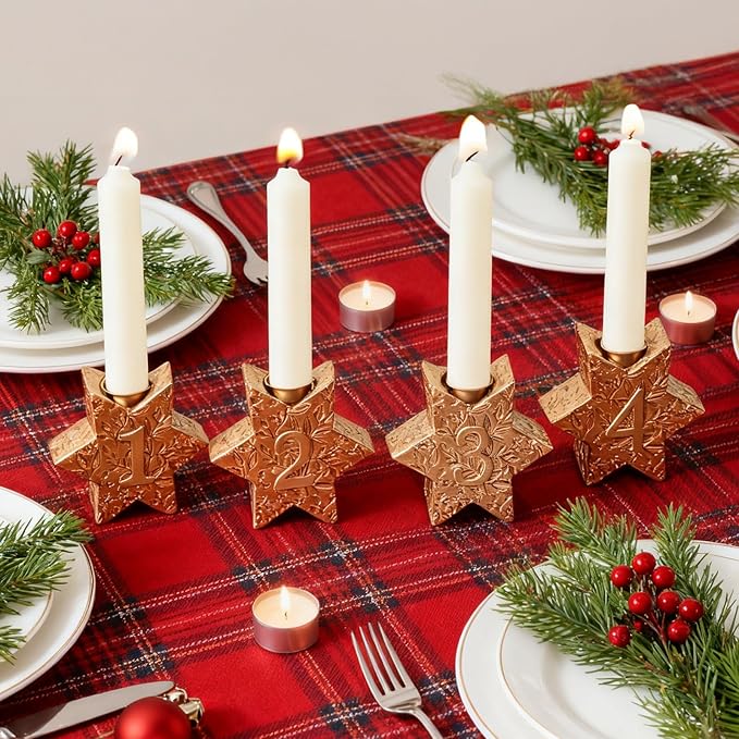 WDS WONDROUS Christmas Candle Holders Set of 4 – Gold Hexagon Snowflake Candlestick Holder, Taper Candle Holders for Christmas Table Centerpieces, Xmas Home Decor