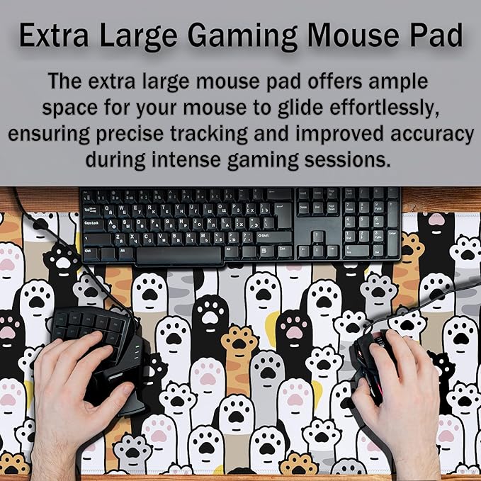 Office Desk Pad Cat Paws Cute Mouse Mat Large Gaming Mouse Pads Desk Mouse Pad Long Desk Pad Non-Slip Rubber Base Waterproof with Stitched Edges 35.4 X 15.7 for Game Office,