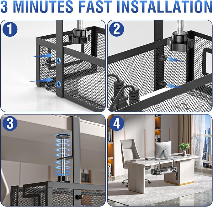 Under Desk Cable Management Tray - GZOKMOG No Drill Cord Organizer with Clamp, Reinforced Metal Mesh Workspace Organizers for Wire, Office Desk Accessories, 2 Pack Black, 15.75 inch