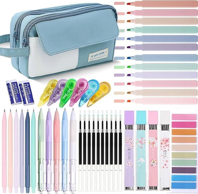 42 Pcs Big Capacity Pencil Pouch with Aesthetic School Supplies, 12 Pastel Highlighters, 5 Black Ink Gel Pens, 6 Mechanical Pencils Set 0.5 & 0.7mm, Sticky Notes, Stationary Set for Student(Blue)