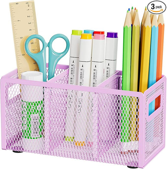 Marbrasse Mesh Pen Holder for Desk,Pencil Holder Desk Organizer 3 Adjustable Compartments,Pencil Cup with Handle Perfect for Classroom, Office, Home,Makeup,Art (Purple)