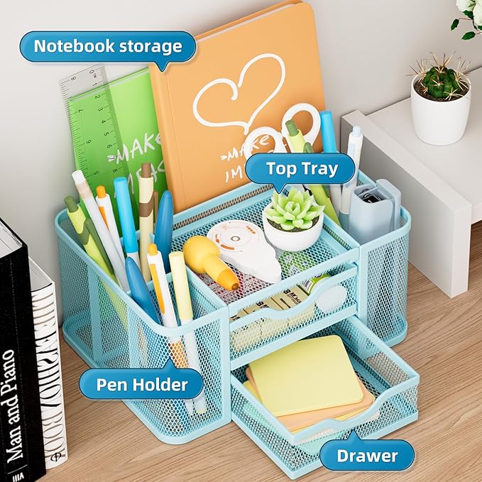 Marbrasse Mesh Desk Organizer, Pen Organizer with 2 Drawer, Multi-Functional Pencil Holder for Desk, Desk Organizers and Accessories with 5 Compartments + Drawer for Office Art Supplies (Blue)