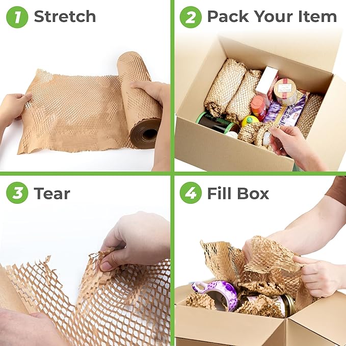 HexcelPack HexaFil Mini - Honeycomb Packing Paper, Eco-Friendly, Sustainable Filler for Shipping & Moving, Cushioned Packing Material in Dispenser Box, Alternative to Bubble Wrap - Natural, 12" x 850'