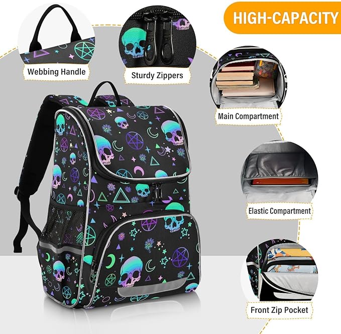 Magic Skull Backpack with Reflective Strip for Kids Boys Girls Elementary School Bag Removable Chest Strap