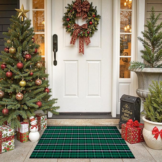 OJIA Christmas Front Door Mat Outdoor 24"x36" Cotton Green Plaid Rug, Washable Front Porch Rug Farmhouse Holiday Doormat Indoor Small Area Rugs for Layered Welcome Mat Kitchen Entrance Bathroom Decor