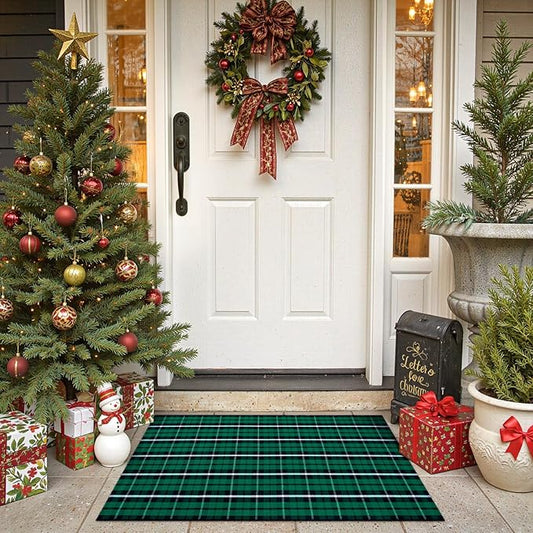 OJIA Christmas Front Door Mat Outdoor 24"x36" Cotton Green Plaid Rug, Washable Front Porch Rug Farmhouse Holiday Doormat Indoor Small Area Rugs for Layered Welcome Mat Kitchen Entrance Bathroom Decor