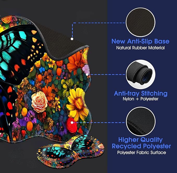 Large Mouse Pad and Keyboard Wrist Rest, Desk Pad for Keyboard and Mouse, 4-in-1 Large Gaming Mouse Pad with Wrist Support, Desk Mat for Home Office Study Game-Vibrant Butterfly On Flowers