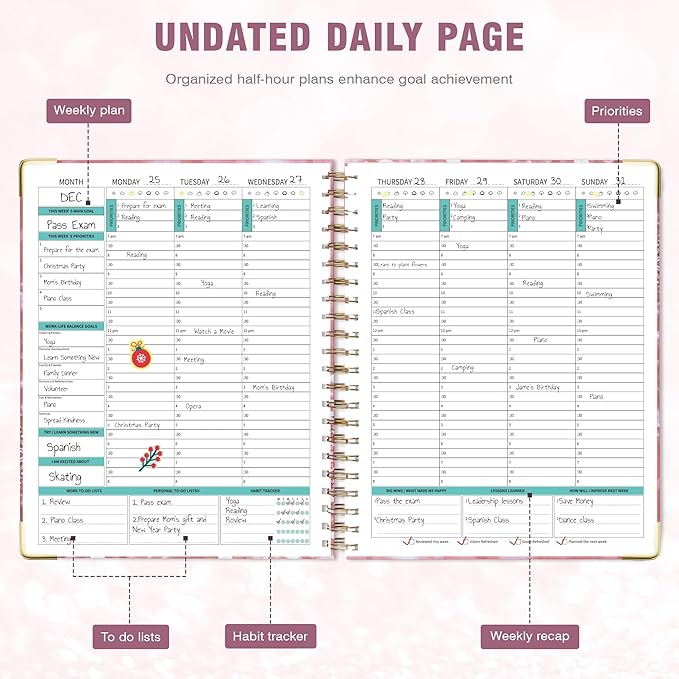 Ospelelf Undated Spiral Bound Planner Daily, Weekly and Monthly Planner, Pink Teacher Planners 12 Month 8.5 x 11