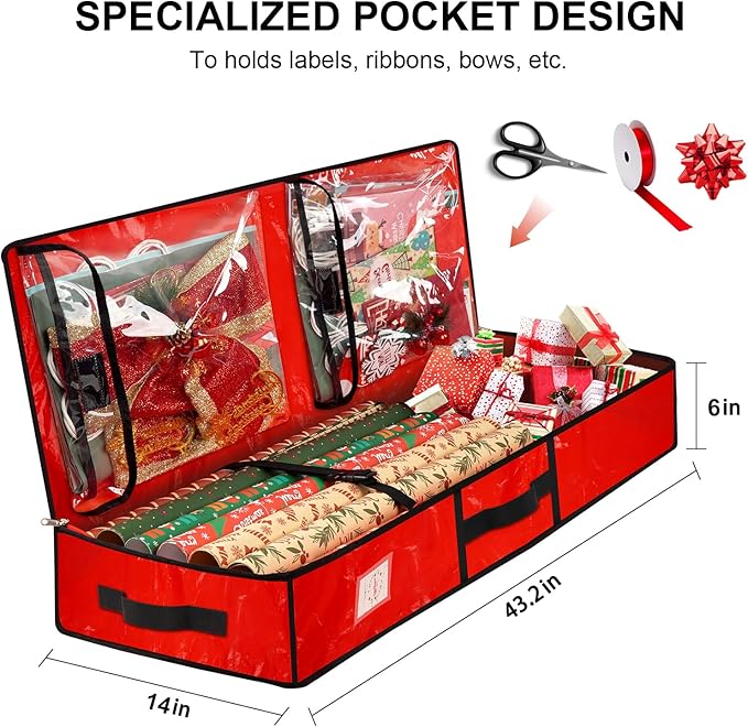 Wrapping Paper Organizer Storage Container for Christmas Holiday Gift Wrap Storage 43.2" Durable PE Underbed Storage Container with Interior Pockets Fits 24 Paper Rolls (Red)