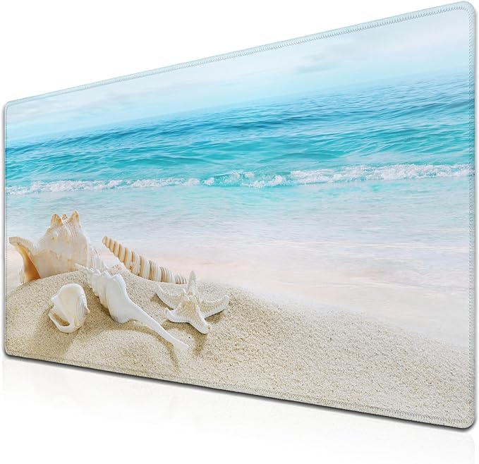 Office Desk Mat Keyboard Pad, Gaming Mouse Pad Large Desk Pad, The Desk Mat Waterproof Non-Slip Rubber Base, 35.4 X 15.7 inch for Work/Game/Office/Home Seashells, Ocean Seashells Sandy Beach