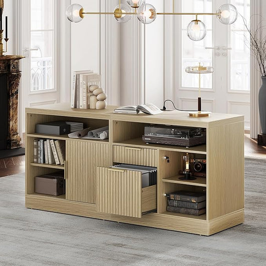 2 Drawer File Cabinet with Lock, 63'' Wood Lateral File Cabinet, Compatible Letter and A4 Size, Fluted Filing Cabinet for Home Office with AC/USB, Adjustable Storage Shelves, Light Walnut