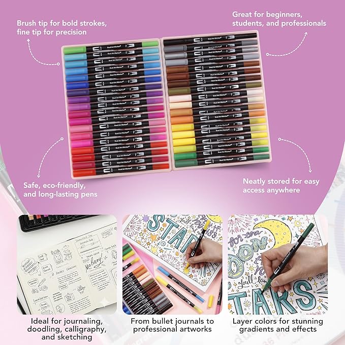 Incraftables 36 Color Dual Tip Calligraphy Pen Set – Artist Brush Pens & Fine Tip Markers for Writing, Journaling, Coloring, and Calligraphy