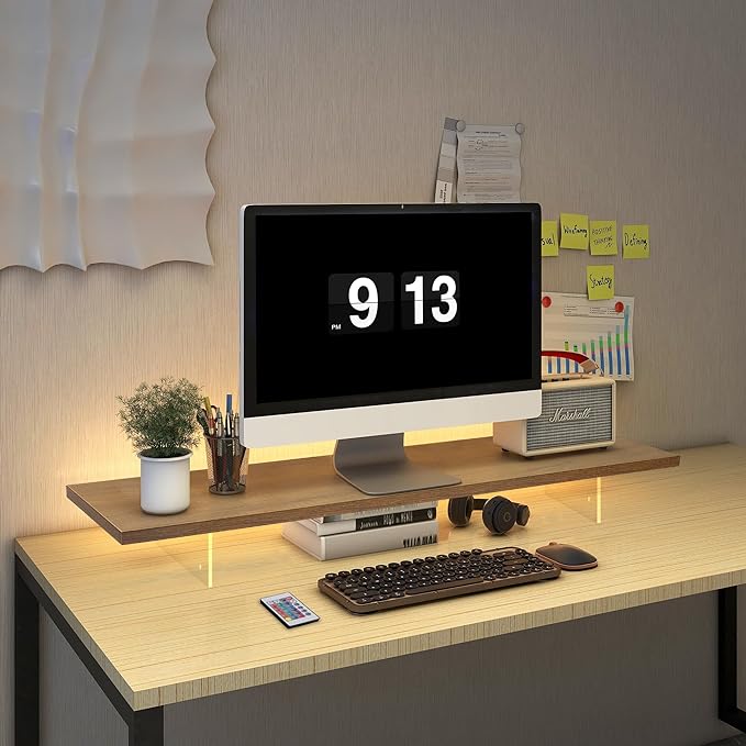 Monitor Stand Riser,Wood & Acrylic Computer Monitor Stand with LED Strip Light,Desk Accessories Desktop Organizer Stand for Computer,Laptop,Printer,PC & TV Screen