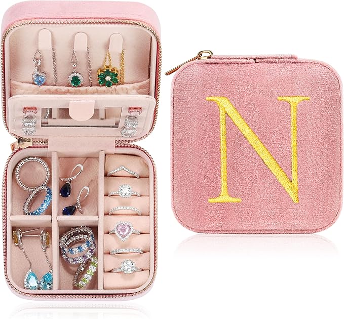 Parima Birthday Gifts for Women Girl - Jewelry Case Organizer Small Travel Jewelry Box 6 7 8 9 10 11 12 13 14 15 Sweet 16 Year Old Girl Gifts 30th 40th 50th 60th Birthday Gifts Women - Letter N, Pink