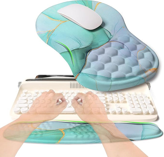 2-in-1 Ergonomic Set, Wave Rise Keyboard Wrist Rest and Massage Bulge Slope Mouse Pad Wrist Support, Cushion Memory Foam Integrated to Relieve Wrist Pain, Blue Gold Marble
