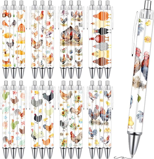 Chicken Ballpoint Pens Gifts - 24PCS Cute Roosters Pens Set Retractable Farm Animals Pens Smooth Writing Cartoon Chicken Pens for Office Stationery School Supplies for Women Teacher Gift