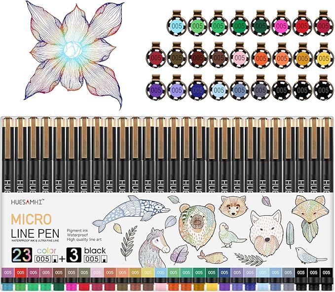 005 Micro Pen 23 Colors and 3 Black 0.20mm Fine Tip Waterproof Ink FineLiner Pens for Art Illustration Sketching, Anime Bullet Journal and Technical Drawing
