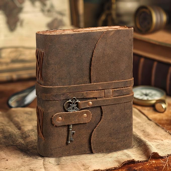 LEATHER VILLAGE Vintage Leather Journal – 200 Handmade Vintage Deckle Edge Paper – Leather bound Journal For Women Men – Vintage Key Closure - Book of Shadows - Chocolate Brown - 13X8 inches