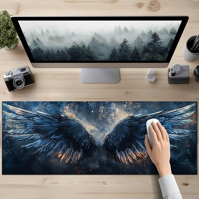 Large Mouse Pad XL 31.5 x 11.8 Inch Black Blue Flame Wing Gaming Desk Mat Extended Keyboard Pad Computer Desk Pad Waterproof Non Slip Mouse Pads for Desktop Office Accessories