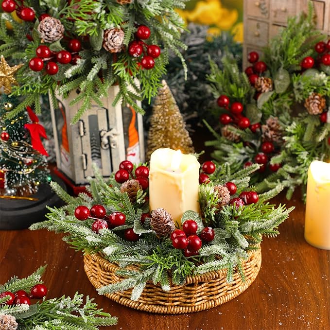 Lyrow 12 Pcs Christmas Candle Rings Wreath Xmas Kitchen Cabinet Mini Wreath Artificial Berries Snowy Pine Candle Ring Holder for Christmas Chandelier Home Table Centerpiece Indoor Decor