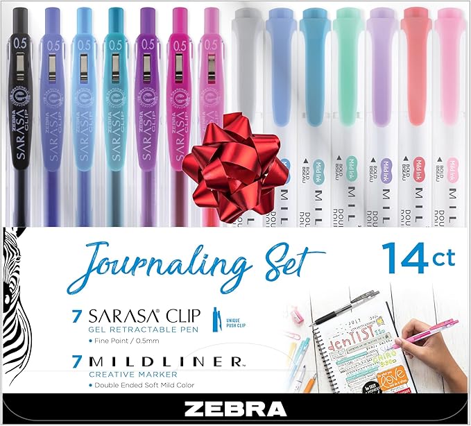 Zebra Pen Journaling Set, 14-Pack Assorted Colors, Includes 7 Mildliner Highlighters and 7 Sarasa Clip Gel Pens, Ideal for Journals, Planners, and Note-Taking (10014)