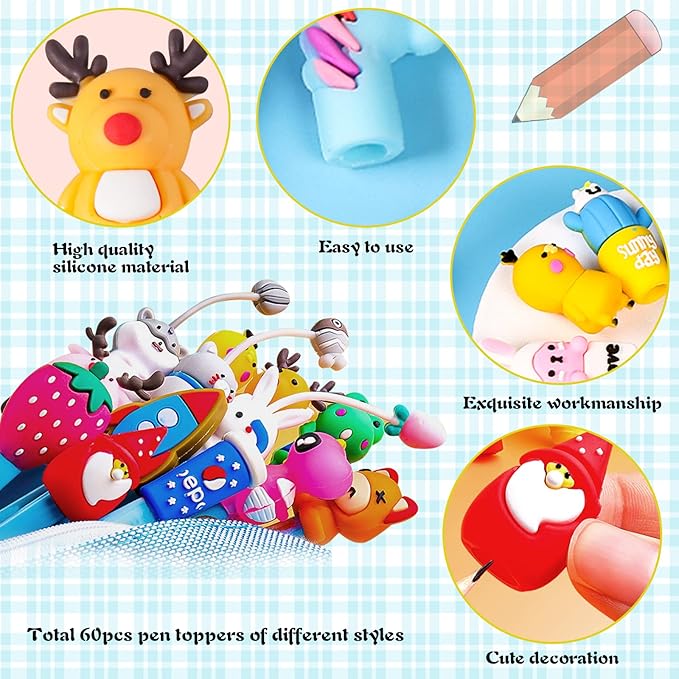 LOFIR 60 Pieces Pencil Toppers Animal Pencil Toppers Pen Toppers Clip on Pencil Classroom Prizes for Office Kids Back to School Student Supplies Party Favors(60)