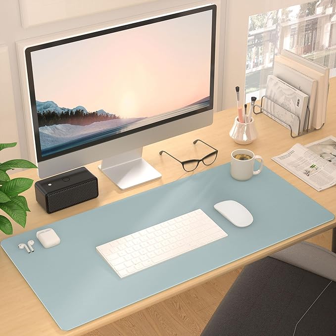 Mouse Pad Desk Protector Mat, Large PU Leather Office Desk Mat, Non-Slip Desk Pad for Keyboard and Mouse, Waterproof Desk Blotter Pad for Writing, Smooth Laptop Desk Pads, Light Teal (15.7''X31.5'')