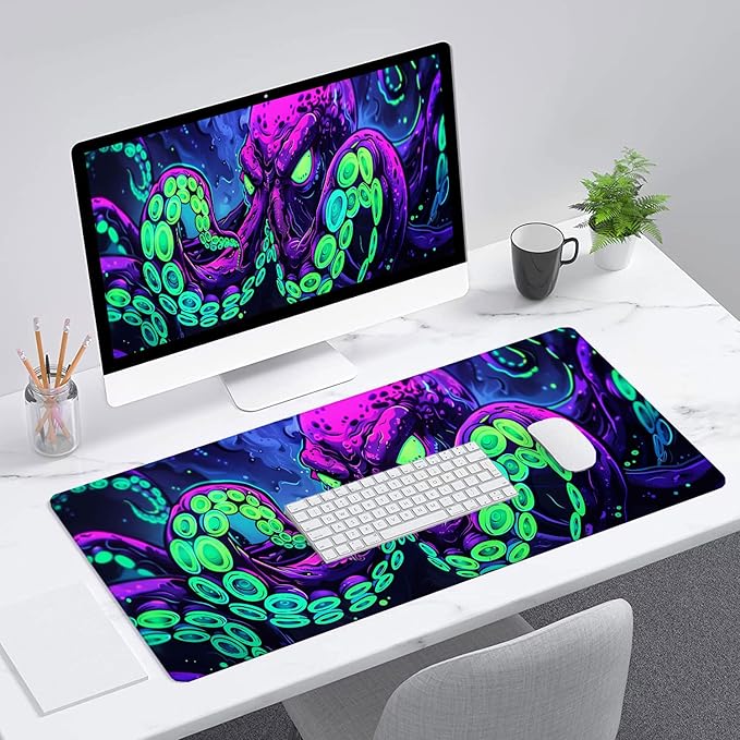 Octopus Desk Mat Gaming Mouse Pad Neon Cthulhu Monster Cool XL Mouse Pad Large Mousepad Extended Laptop Keyboard Mat Gaming Desk Pad Mouse Mat Office Computer Keyboard Laptop Home 31.5"x11.8"
