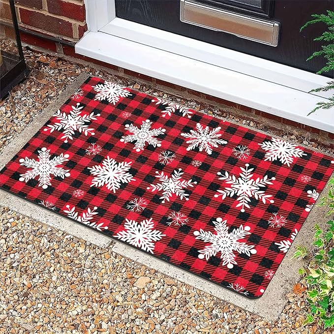 Merry Christmas Snowflakes Red Plaid Door Mat, Christmas Buffalo Plaid Doormat with Non-Slip Backing Front Porch Rug Welcome Mats for Home Indoor Outdoor, 16" x 24" Inch