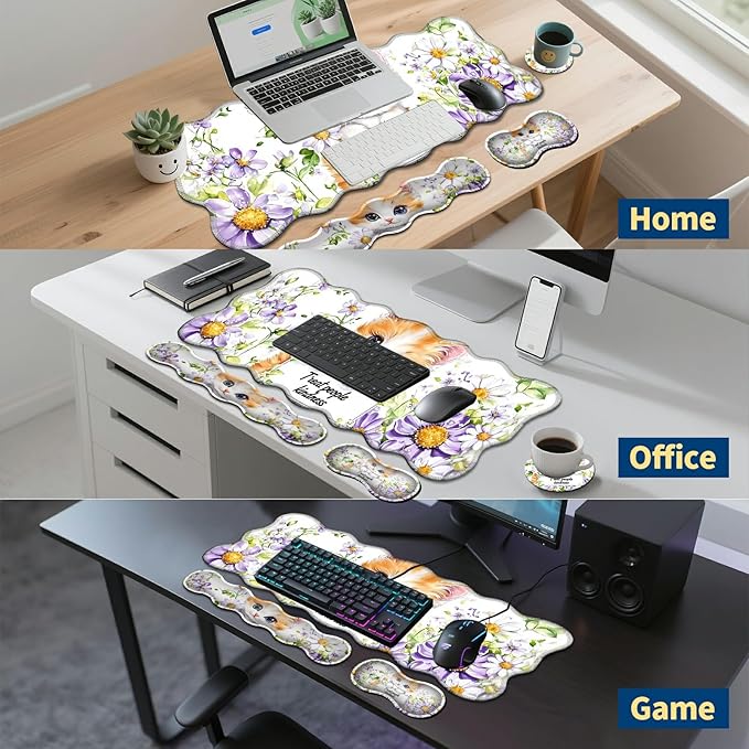 4-Piece XXL Gaming Mouse Pad Set (31.5"x11.8") with Keyboard Wrist Rest,Mouse Wrist Support & Coaster,Ergonomic Non-Slip Desk Mat for Office & Home,Cute Cat Flower