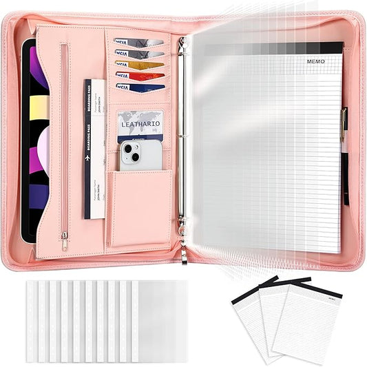 Leathario Portfolio Binder, Includes 10 Sheet Protectors and 3 Notepads, 3-Ring Folder Organizer, A4 Padfolio with Zipper, Vegan Leather Tablet Sleeve, Business Office Conference Clipboards