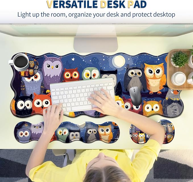 4-Piece XXL Gaming Mouse Pad Set (31.5"x11.8") with Keyboard Wrist Rest,Mouse Wrist Support & Coaster,Ergonomic Non-Slip Desk Mat for Office & Home,Colorful Night Owls