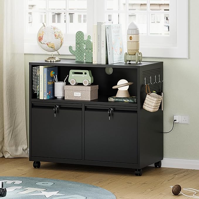 Letaya Mobile 2 Drawer File Cabinet with Lock, Metal Lateral Printer Stand Filing Storage Cabinets with Shelves for Home Office-A4/F4/Letter (Black)