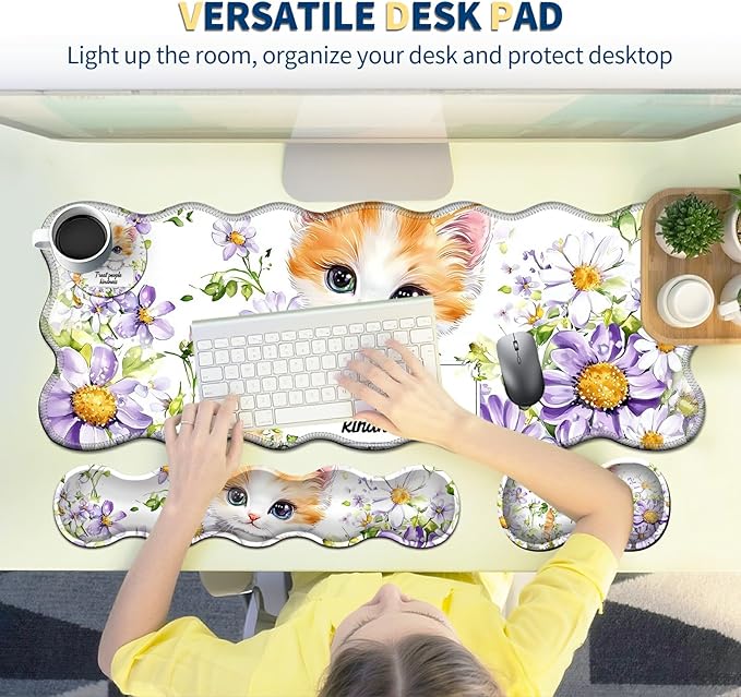 4-Piece XXL Gaming Mouse Pad Set (31.5"x11.8") with Keyboard Wrist Rest,Mouse Wrist Support & Coaster,Ergonomic Non-Slip Desk Mat for Office & Home,Cute Cat Flower