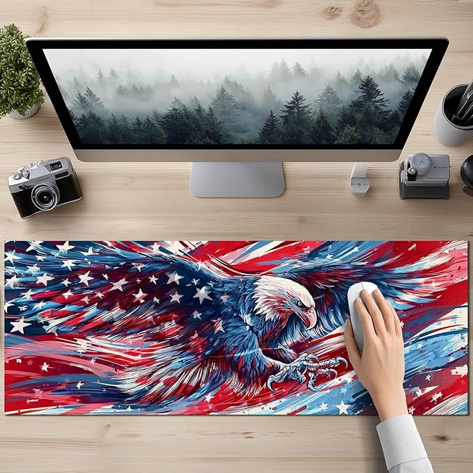 Large Mouse Pad 31.5 x 11.8 Inch Bald Eagle American Flag Desk Mat Extended Gaming Mousepad Non Slip Waterproof Desk Pad Keyboard Mat Office Computer Accessories
