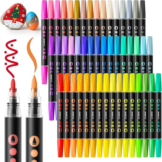SUNEE 48 Colors Acrylic Paint Markers, Dual Tip with Bullet and Brush Tip Paint Pens with Automatic Ink Control System, Coloring Markers for Rock, Wood, Canvas, Glass DIY Crafts Art Supplies Kit