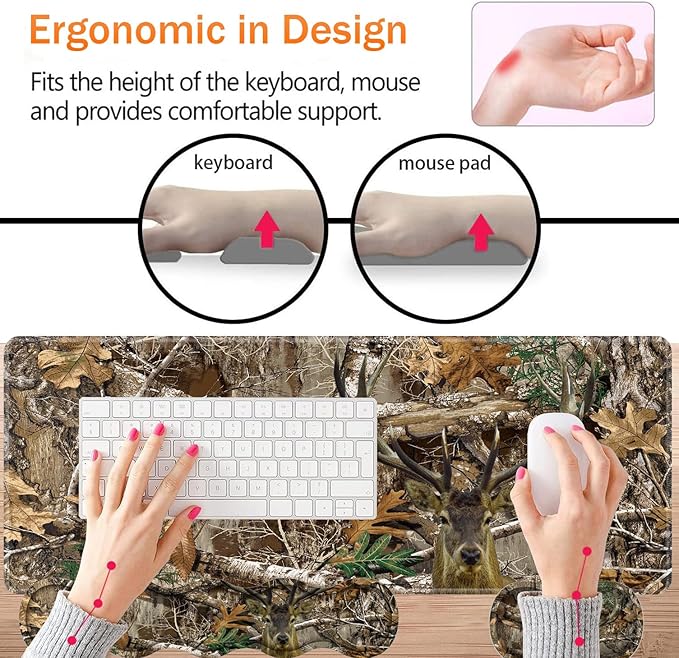 Large XXL Gaming Desk Mat 31.5"x 11.8", Ergonomic Keyboard Wrist Rest & Mouse Pad Wrist Rest + Coaster Set, Non-Slip Base, Memory Foam, Office and Home, Camouflage Giraffe