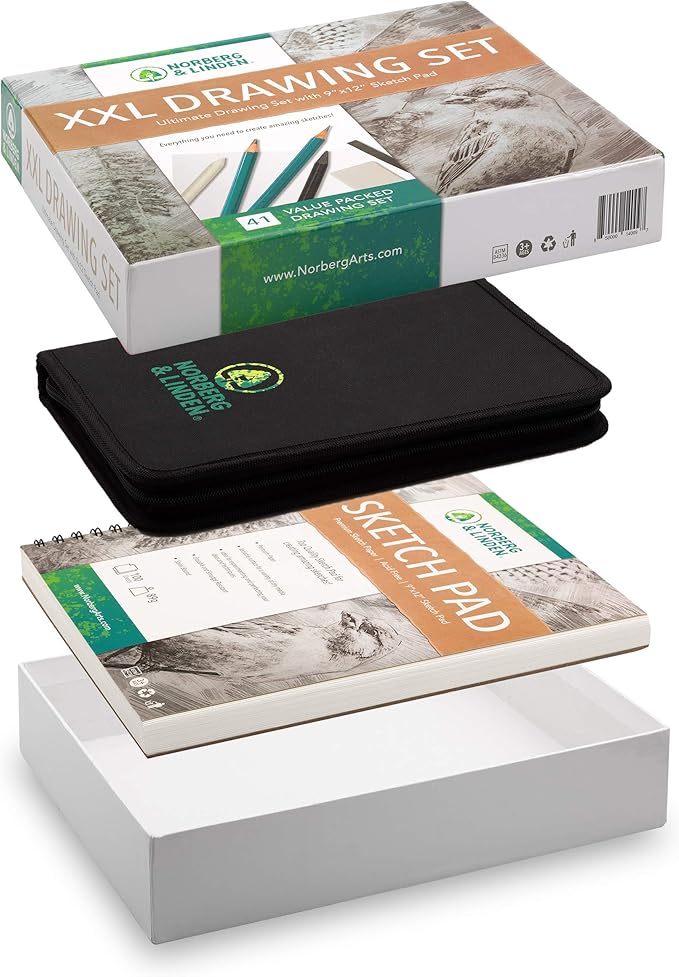 Norberg & Linden XXL Drawing Set - Sketching and Charcoal Pencils. 100 Page Drawing Pad, Kneaded Eraser, and Graphite. Art Set for Kids, Teens and Adults