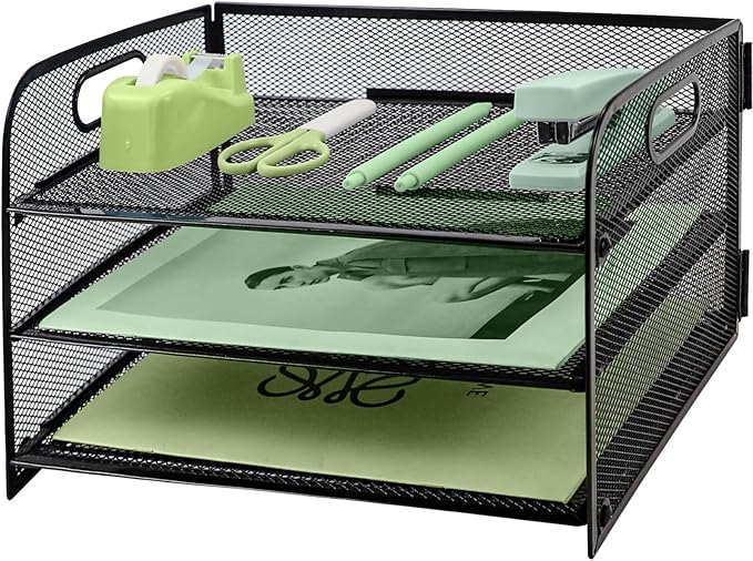 Paper Letter Tray with Handle, 3 Tier Metal Mesh Desk File Organizer, A4 Paper Desktop Filing Trays, Desk Tidy Magazine Document Holder for Home Office, Black