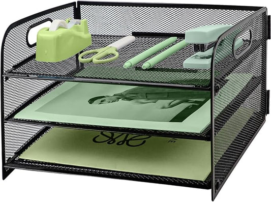 Paper Letter Tray with Handle, 3 Tier Metal Mesh Desk File Organizer, A4 Paper Desktop Filing Trays, Desk Tidy Magazine Document Holder for Home Office, Black