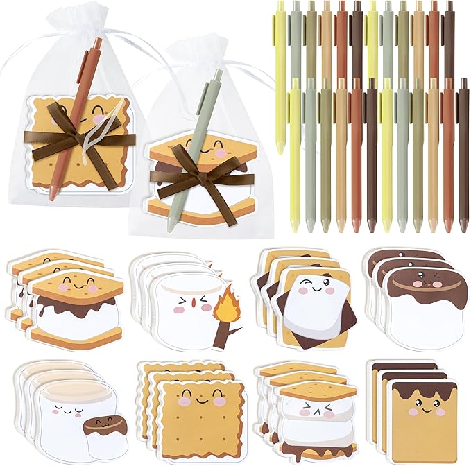 CJiangpo Marshmallow Sticky Note Set - 24 Pack Marshmallow Sticky Note Pads with Ballpoint Pens Ribbons, Funny Memo Pad Stationery Set Classroom Rewards Bonfire Party Gift for Kids Appreciation Gifts