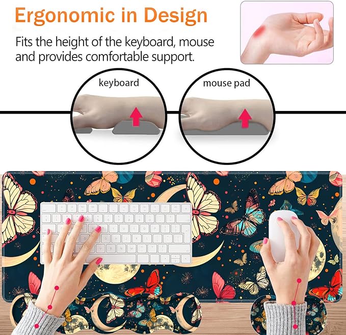 Large XXL Gaming Desk Mat 31.5"x 11.8", Ergonomic Keyboard Wrist Rest & Mouse Pad Wrist Rest + Coaster Set, Non-Slip Base, Memory Foam, Office and Home, Moon Butterfly
