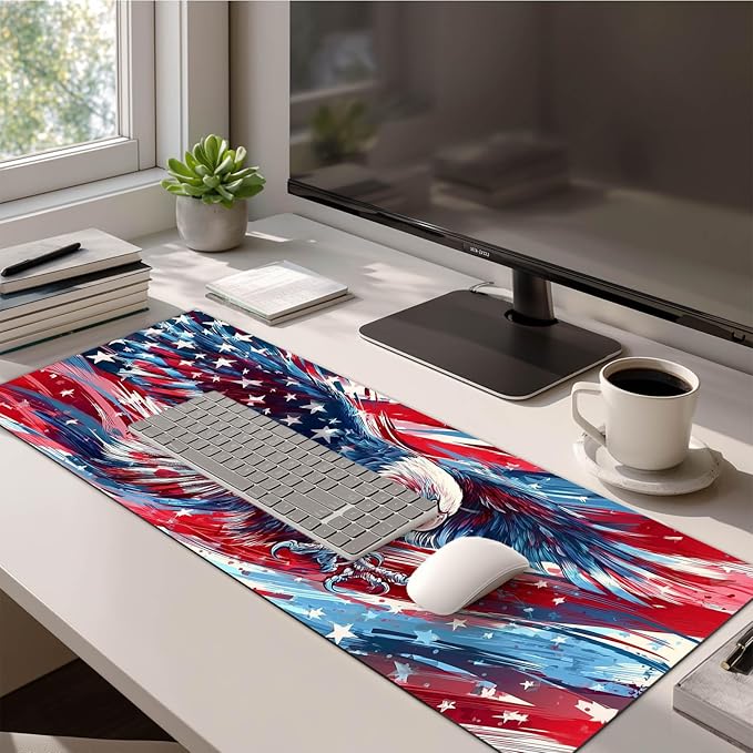 Large Mouse Pad 31.5 x 11.8 Inch Bald Eagle American Flag Desk Mat Extended Gaming Mousepad Non Slip Waterproof Desk Pad Keyboard Mat Office Computer Accessories
