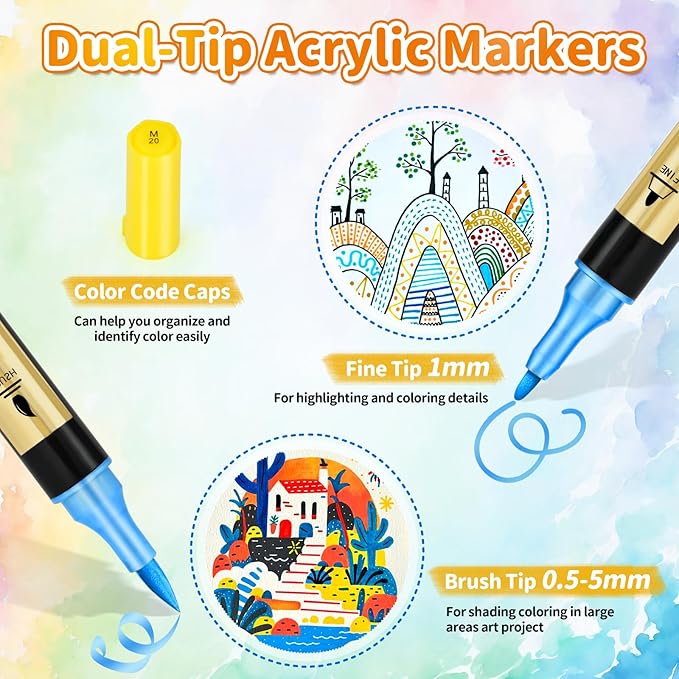 IVSUN 60 Acrylic Paint Markers, 30 Metallic & 30 Regular Colors Dual Tip Metallic Marker Pens for Black Paper, Photo Album, Rock Painting, Glass, Wood, Card Making, Scrapbook Supplies, DIY Crafts