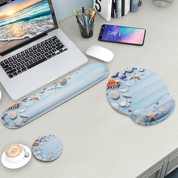 Mouse Pad and Keyboard Wrist Rest Support, with Non-Slip PU Base,Gel Mouse Pad with Coaster,Pain Relief for Gaming, Computer,Office -Seashell